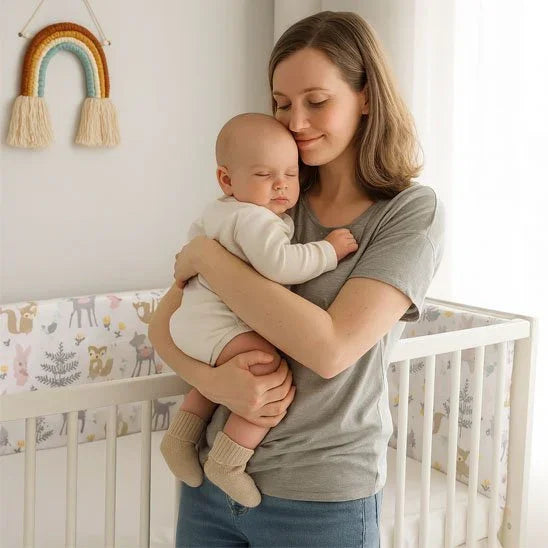 Mother holding sleeping baby near crib with forest-themed bedding and rainbow wall decor