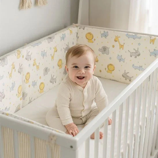 Happy baby in white crib with animal-print bumpers, cozy sleep essentials for gentle nights