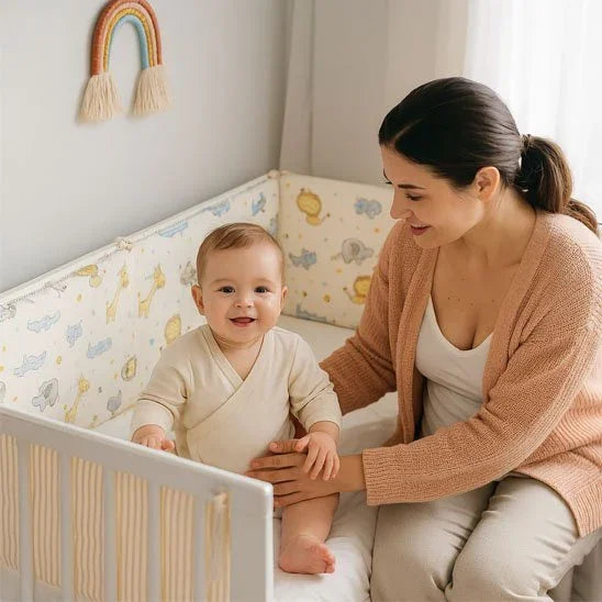 Happy baby in crib with mom, soft bedding, rainbow wall decor for gentle sleep