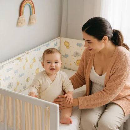 Happy baby in crib with mom, soft bedding, rainbow wall decor for gentle sleep