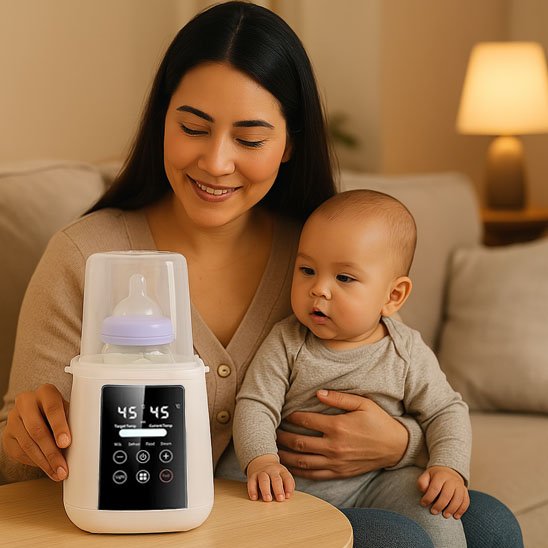 Mom holding baby with smart bottle warmer displaying 45°C, cozy home setting for baby feeding comfort