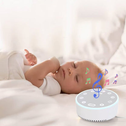 Baby sleeping peacefully with white noise machine playing soothing lullabies for calm sleep