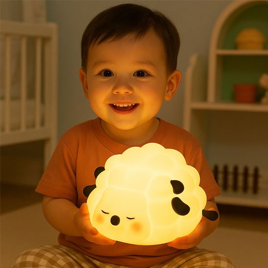 Smiling baby holding cute sheep night light for cozy nursery sleep