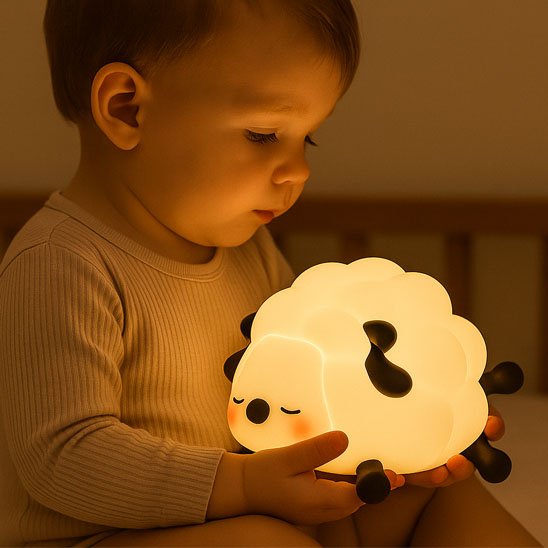 Cute baby holding soft sheep night light for cozy bedtime, gentle glow for sweet sleep