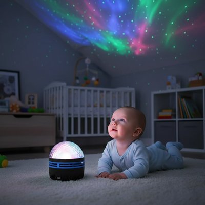 Baby lying on carpet, gazing at colorful galaxy projector casting starry night sky lights in nursery bedroom